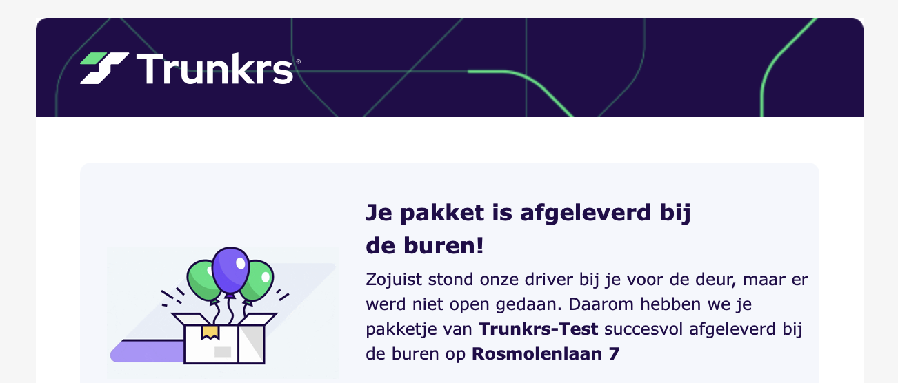 Example email showing neighbour delivery information