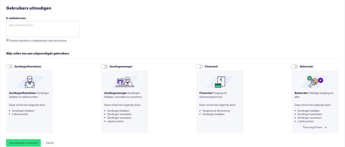 Pagina Gebruikers uitnodigen met e-mailveld en rollen
